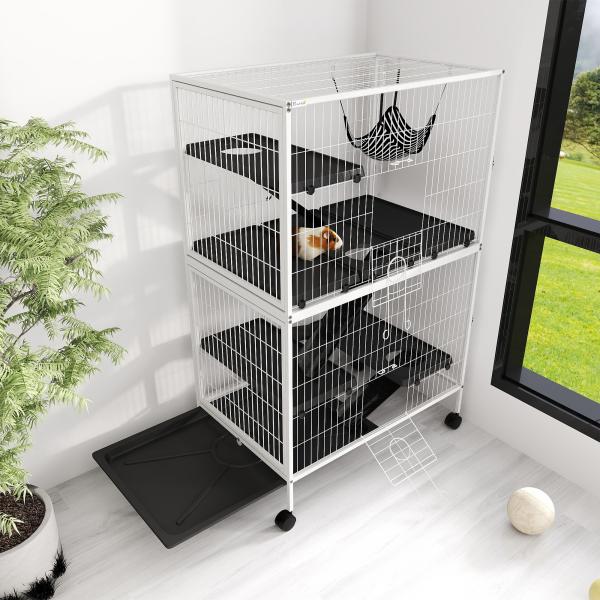 Gaiola para Roedores 80x52x128 cm Casa de 4 Alturas com Rampas Suspensa Rede Bandeja Removível Rodas Cinza Prateado