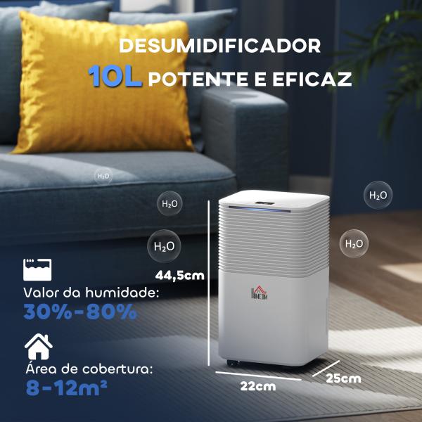 Desumidificador 10L/dia Silencioso com 3 Modos Ecrã LED Temporizador 24H Bloqueio Infantil e Drenagem Contínua Branco