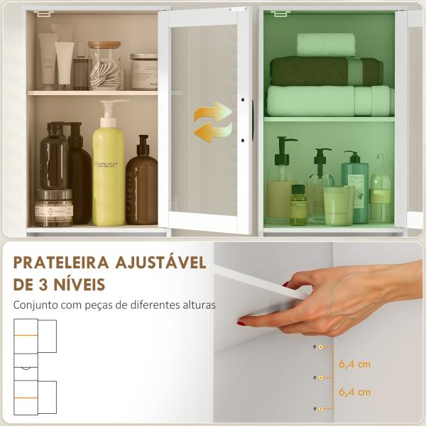 Coluna Casa de Banho com Porta de Vidro Prateleiras Ajustáveis Gaveta e Prateleira Aberta 40x30x165 cm Branco