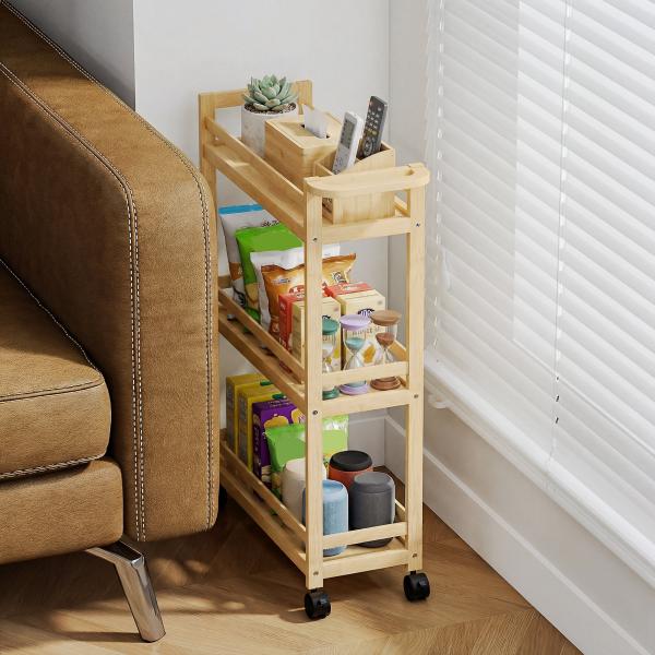 Carrinho para Casa de Banho de Bambu com 3 Níveis Carrinho de Arrumação para Casa de Banho Cozinha 55x20x75 cm Madeira