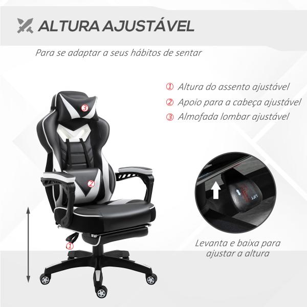 Cadeira de escritorio gaming ergonômica Altura ajustável Reclinável Encosto com apoio para pés 65x70x118,5 - 126,5 cm Branco e Preto