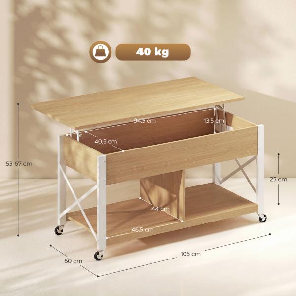 Mesa de Centro Elevatória com Rodas Compartimento Oculto e Prateleiras Abertas 105x50x67 cm Madeira e Branco