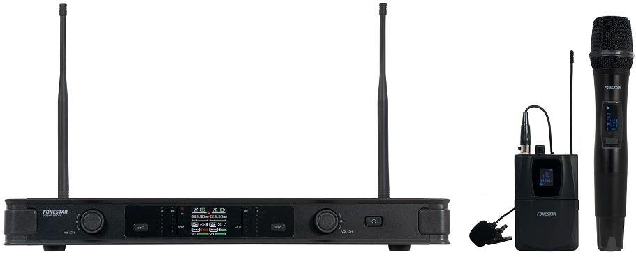 Central 2x Microfones Mão e Lapela s/ Fios Handheld + Bodypack UHF ID Pilot e Diversity - FONESTAR