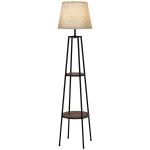 Candeeiro de Pé com 2 Prateleiras Soquete E27 40 W Abat - Jour Têxtil 42x42x166 cm Preto
