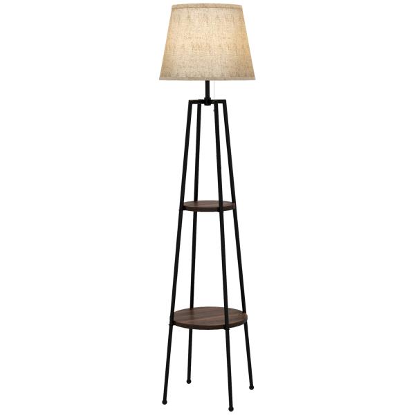 Candeeiro de Pé com 2 Prateleiras Soquete E27 40 W Abat - Jour Têxtil 42x42x166 cm Preto