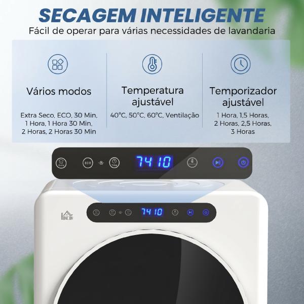Máquina de Secar 3 KG 1000W Função Antirrugas Função Esterilizar Temporizador Ecrã LED Tátil Tambor Aço Inoxidável 49x43x61 cm Branco