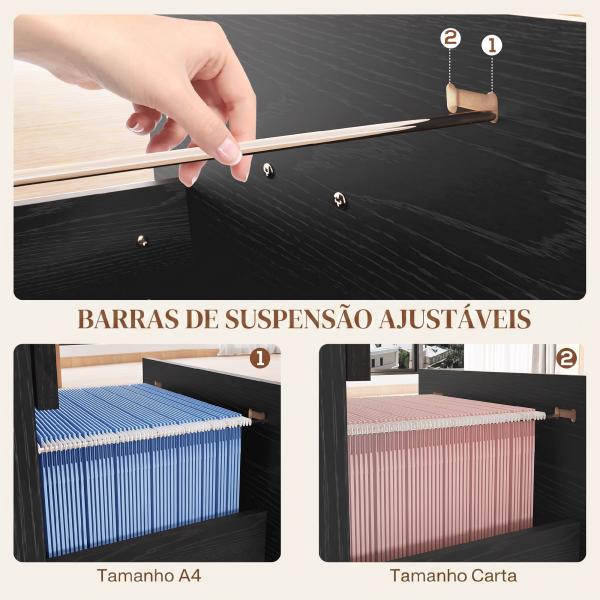 Gaveteiro de Secretária com 4 Gavetas, Fechaduras e Barras Ajustáveis para Arquivo A4 e Letter, 40x42x130,8 cm, Preto