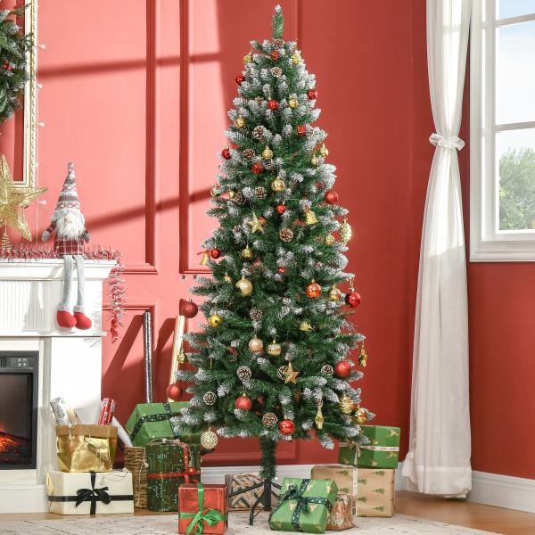Árvore de Natal Artificial Nevada 180 cm com 508 Ramos 49 Pinhas Base Dobrável e Suporte de Aço Ø73x180 cm Verde e Branco