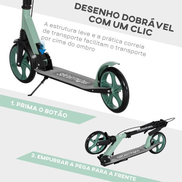 Trotinete Dobrável com Guiador Ajustável Rodas Grandes de 200mm Amortecimento e Travão Carga Máxima 100kg 91,5x36,5x91 - 104cm Verde