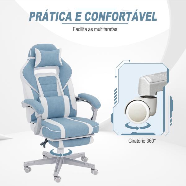 Cadeira Gaming Cadeira de Escritório Reclinável Apoio para os Pés Retrátil Suporte Lombar e Almofada para a Cabeça 63x63x115,5 - 123 cm Azul