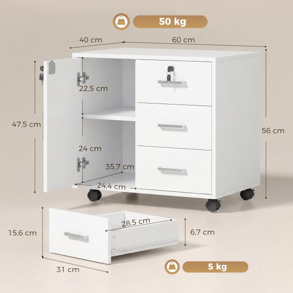 Móvel para Impressora com Rodas, Mesa com Porta e 3 Gavetas, Fechaduras, Prateleira Ajustável, Branco