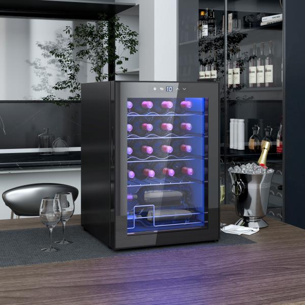 Frigorífico para Vinhos 20 Garrafas com Compressor, Porta Anti - UV, 5 - 18 °C, Painel Tátil, Luz LED, 39 dB, Preto