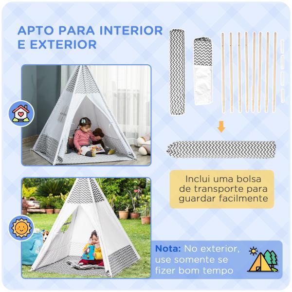 Tenda Tipi para Crianças acima de 3 Anos Tenda Infantil de Madeira Portátil com Janela Almofada e Bolsa de Transporte para Interiores e Exteriores 120x120x155cm Cinza