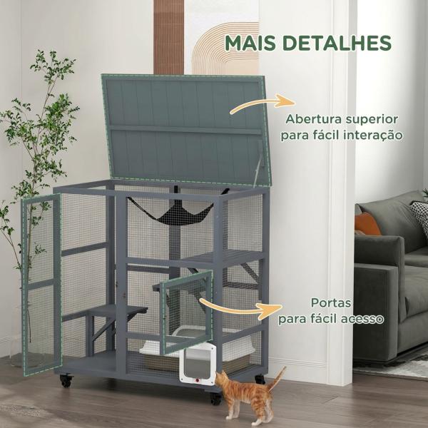 Gaiola Interior para Gatos em Madeira com Rodas, Portas, Plataformas de Salto, Rede e Topo Basculante, 110x100x60 cm, Cinzento