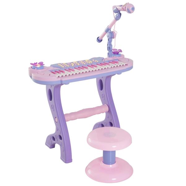Piano Infantil 37 Teclas Teclado Eletrônico Brinquedo Educacional para Crianças + 3 Anos com Microfone Banco de Luzes e 22 Canções USB/MP3 Karaokê Rosa