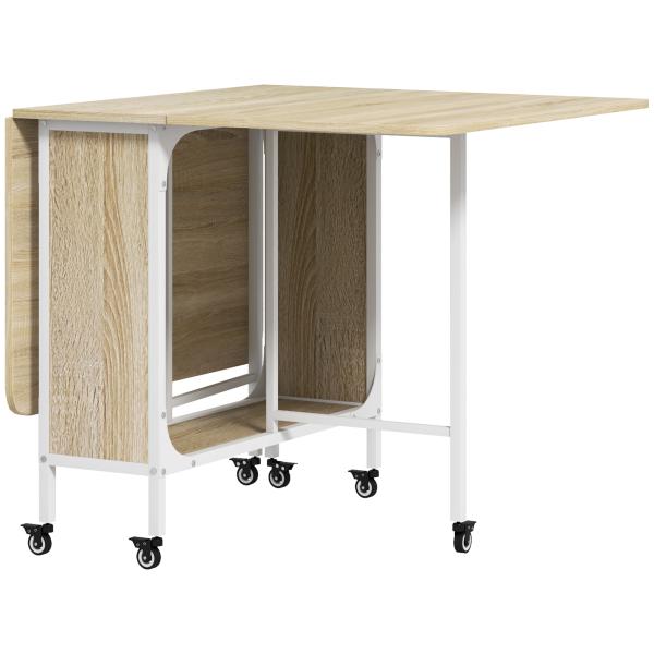 Mesa de Cozinha Dobrável Mesa de Refeição Dobrável com Rodas Laterais Abatíveis e Prateleira 130x80x74 cm Madeira e Branco