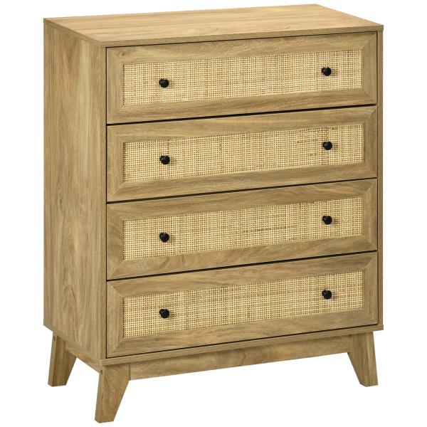 Cómoda com 4 Gavetas Cómoda de Madeira com Gavetas de Vime e Pés Elevados 80x35x95cm Madeira
