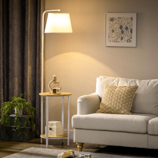 Candeeiro de Pé Moderno com Prateleira Suporte para Lâmpada E27 Máx. 40W com Ecrã de Linho Ø37x162cm Branco e Madeira