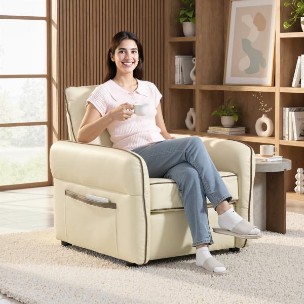 Poltrona Sala de Estar Estofada em Couro Sintético Poltrona Relax Moderna com Assento Largo Acolchoado Espesso 80x81x90 cm Bege