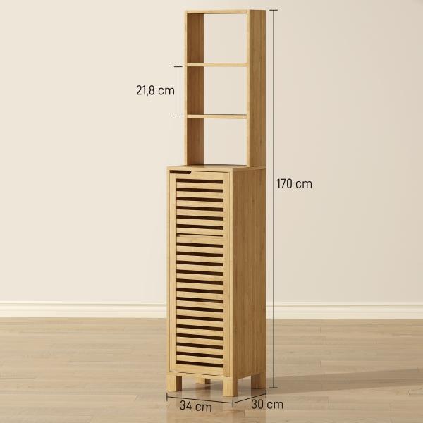 Coluna Casa de Banho de Bambu com 3 Prateleiras Abertas Portas de Ripas Prateleiras Ajustáveis 34x30x170 cm Madeira