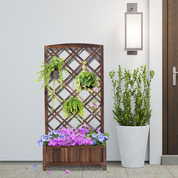 Floreira com Treliça de Madeira Caixa de Plantio com Suporte para Plantas Trepadeiras 60x30x122,5cm Marrom