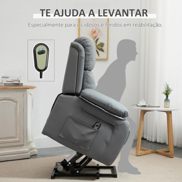 Poltrona Relax Levanta Pessoas com Controle Remoto Reclinação Elétrica de 160° Apoio para os Pés Encosto Estofado em PU e Bolsos Laterais 76x90x105 cm Cinza