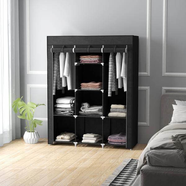Roupeiro de Tecido Dobrável com 8 Prateleiras de Armazenamento e 2 Barras de Pendurar 125x43x162,5 cm Preto