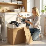 Cesto de Roupa com Tampa 100L de Bambu com 2 Compartimentos Bolsa Interior Amóvivel 52x32x63 cm Marrom e Creme