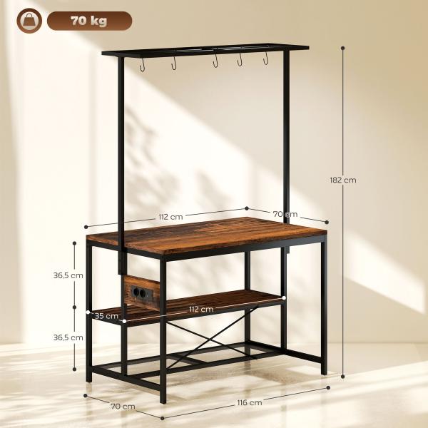 Estante de Cozinha com Tomada de Corrente Estilo Industrial com Prateleiras Ganchos Móvel Auxiliar 116x70x182 cm Marrom Rústico