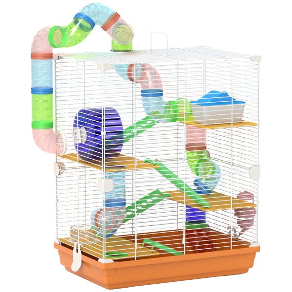 Gaiola para Hamster Gaiola para Pequenos Roedores com Túnel Comedouro Bebedouro Casa Rampas e Roda de Exercício 46x30x58 cm Laranja