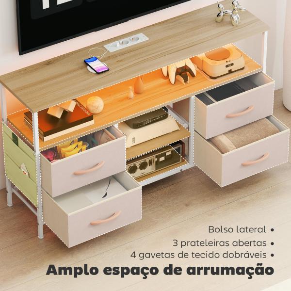 Móvel de TV com Luz LED Tomadas Portas USB 4 Gavetas de Tecido para Televisão até 50 Polegadas 120x30x67,5 cm Bege e Madeira