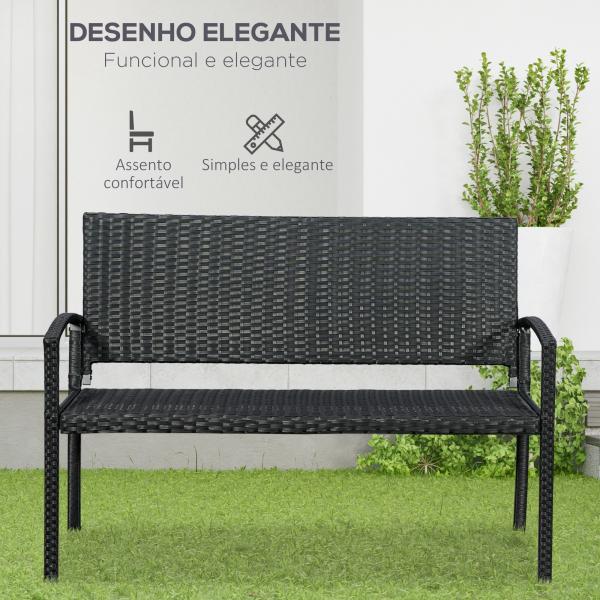 Banco Jardim Lounge Cadeira 2 Lugares Móveis para Jardim Exterior Terraço 2 Lugares Rattan Sintético Carga 320kg 122x60x87cm Estrutura Aço