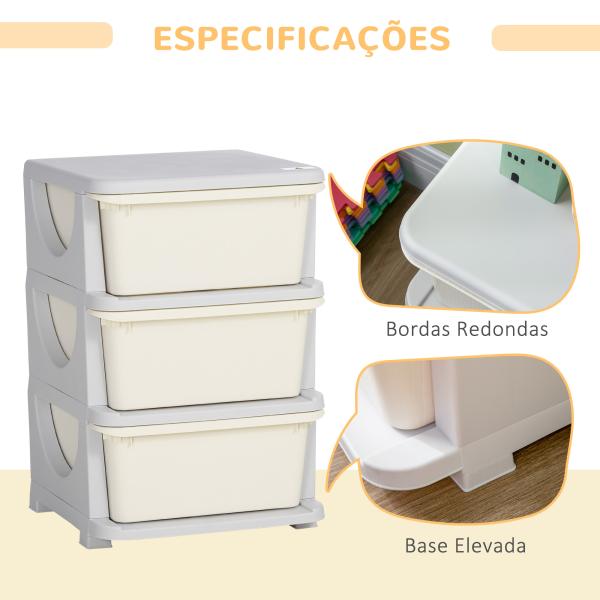 Organizador de Brinquedos para Crianças com 3 Gavetas Arrumação para Brinquedos Roupas Livros 37x37x56,5 cm Bege