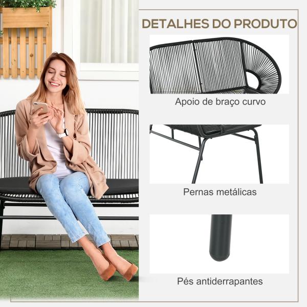 Sofá Acapulco de 2 Lugares com Apoios de Braço Almofada e Estrutura de Aço para Jardim Terraço Pátio 132x72x83 cm Preto