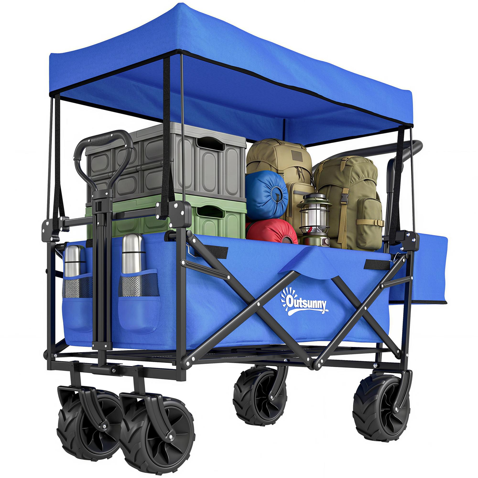 Carrinho de Transporte Dobrável para Praia Campismo Viajem com Toldo Guiador Rodas Altura Ajustável 117x55x98 cm Azul