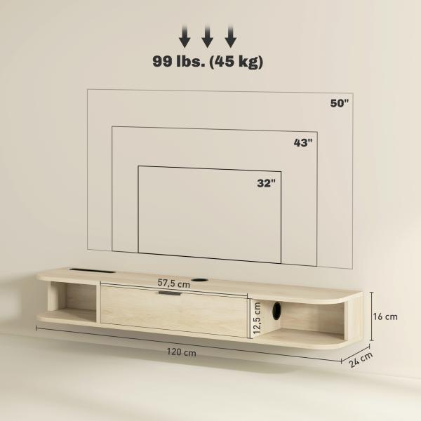Móvel de TV Suspenso com Orifício para Cabos Estilo Moderno para Televisão 50 Polegadas 120x24x16 cm Madeira