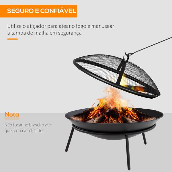 Braseiro de Exterior de Metal com Tampa Protetora de Faíscas e Atiçador para Varanda Campismo Ar Livre Ø47x33 cm Preto