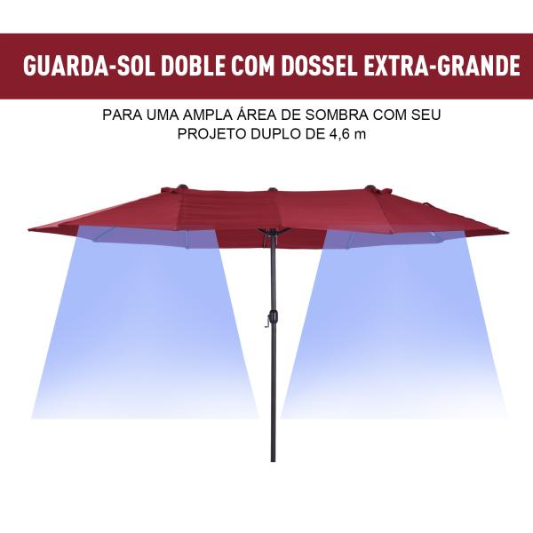 Chapéu de Sol Duplo 4,55x2,68x2,38 m Chapéu de Sol de Jardim com Manivela Manual Resistente à Água e com Proteção Solar UV para Terraço Pátio Vinho