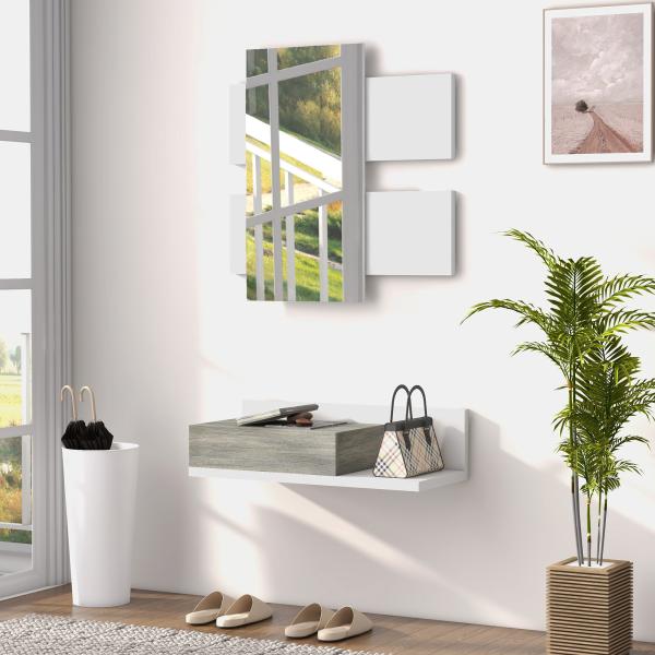 Conjunto de Móveis de Entrada com Espelho e Gaveta Móvel de Entrada Suspenso Estilo Moderno 75x3,5x75 cm e 75x30,5x20 cm Branco e Cinza