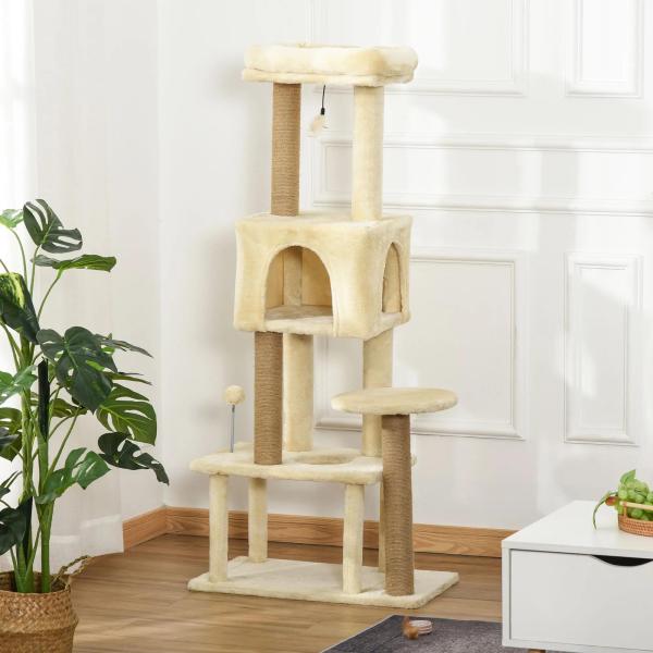 Árvore Arranhador para Gatos Centro de Atividades com Plataformas Cavernas de Felpa Suave Postes para Arranhar de Juta Bola Brinquedo Suspenso 60x34x136cm Bege