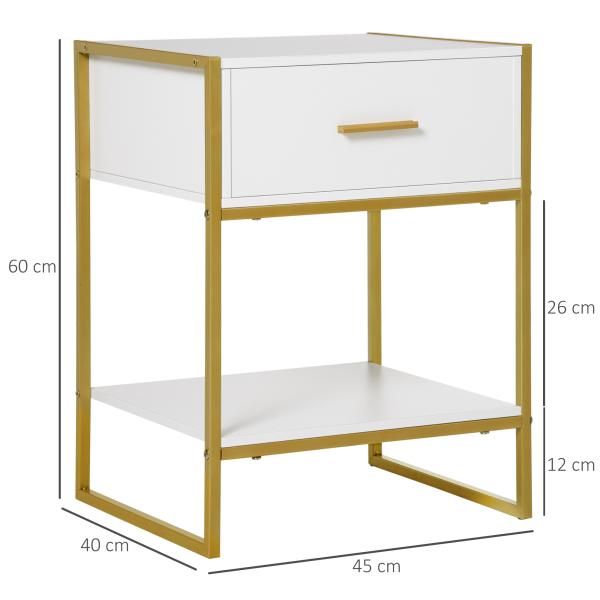 Mesa de Cabeceira Mesa Auxiliar com 1 Gaveta e Prateleira de Armazenamento para Dormitórios Sala de Estar Escritório Estilo Moderno 45x40x60cm Branco
