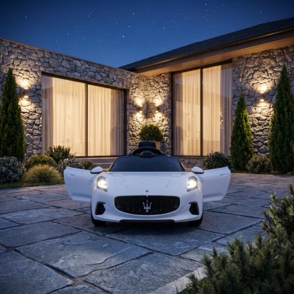 Carro Elétrico para Crianças Maserati Gran Turismo Folgore 12V Controlo Remoto Faróis Buzina e Música MP3 98x59x43 cm Branco