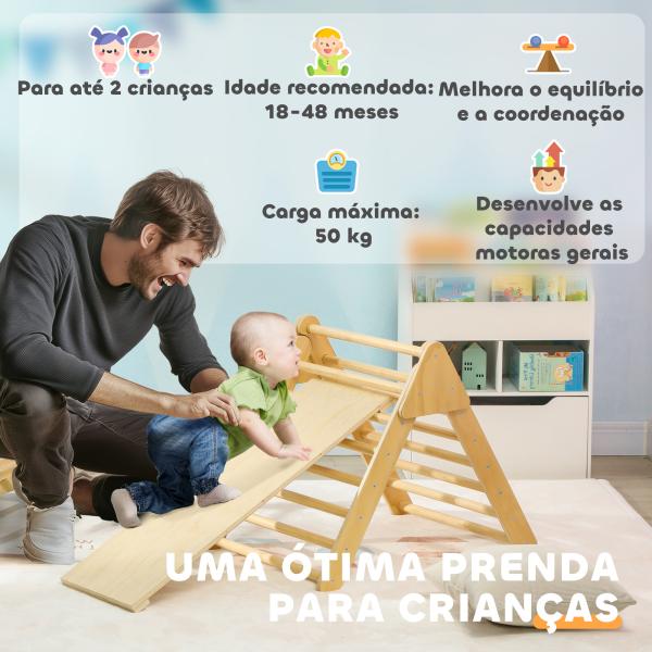 Triangulo de Escalada de Madeira Escalada para Crianças de 18 - 48 Meses com Rampa e Arco de Aprendizagem 219x72,5x68,5 cm Madeira