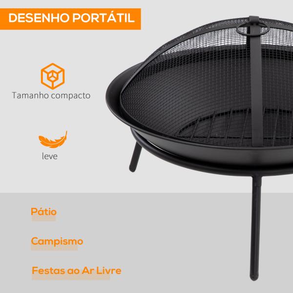 Braseiro de Exterior de Metal com Tampa Protetora de Faíscas e Atiçador para Varanda Campismo Ar Livre Ø47x33 cm Preto