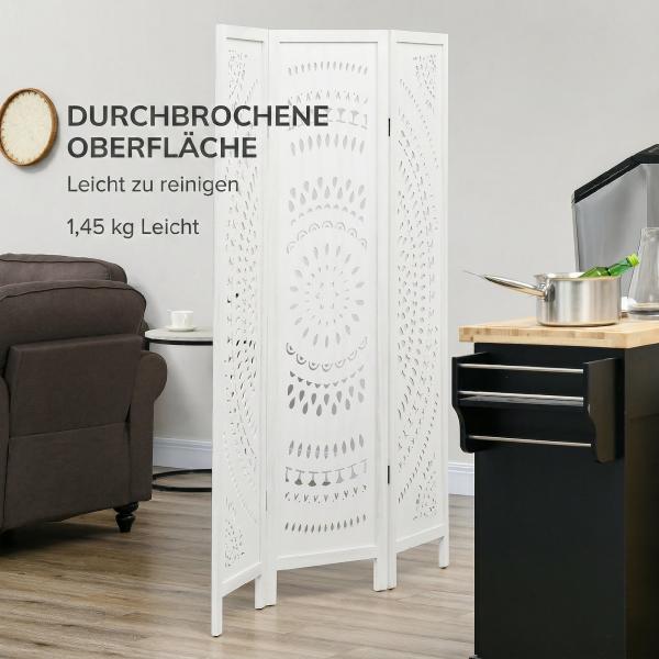 Biombo Dobrável de 3 Painéis de Madeira 120x170 cm Biombo Separador de Ambientes com Padrões Gravados Elegantes Branco