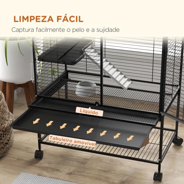 Gaiola para Animais Pequenos de 4 Níveis com Rodas Rampa Comedouro Bebedouro e Bandeja Removível 78x45,5x136 cm Preto