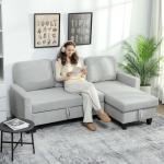 Sofá - Cama Chaise Longue de 3 Lugares Chaise Longue Reversível Ambos Lados com Armazenamento com Capas Removíveis 197x129x85 cm Cinza