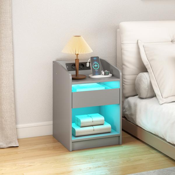 Mesa de Cabeceira com Luzes LED Gaveta Prateleira Estação de Carregamento Entrada USB e Controlo Remoto 40x40x58 cm Cinzento