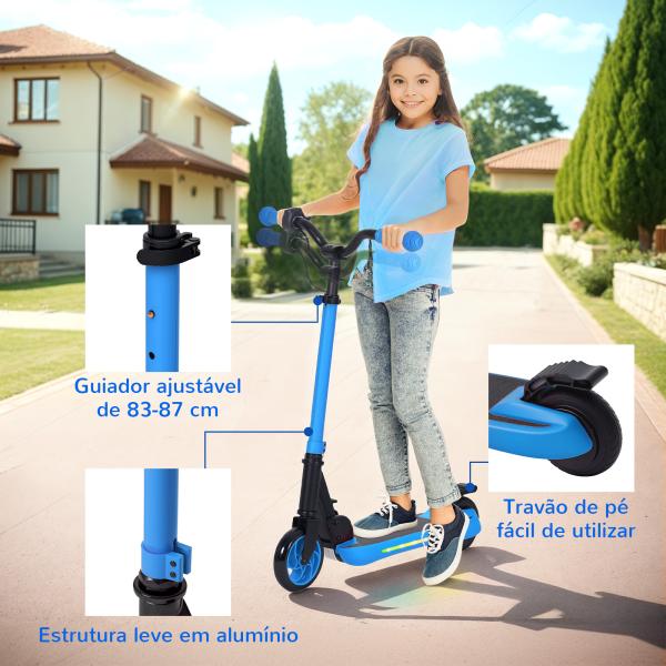 Trotinete Elétrica Dobrável para Crianças 120 W Autonomia 6 km e Máximo 10 km/h com Travão Luzes LED 74x52x83 - 87 cm Azul