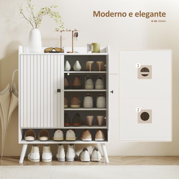 Sapateira de 2 Portas em Ripas Sapateira para Entrada com Prateleiras Ajustáveis Compartimento Aberto para 15 Pares de Sapatos 75x35x97 cm Branco